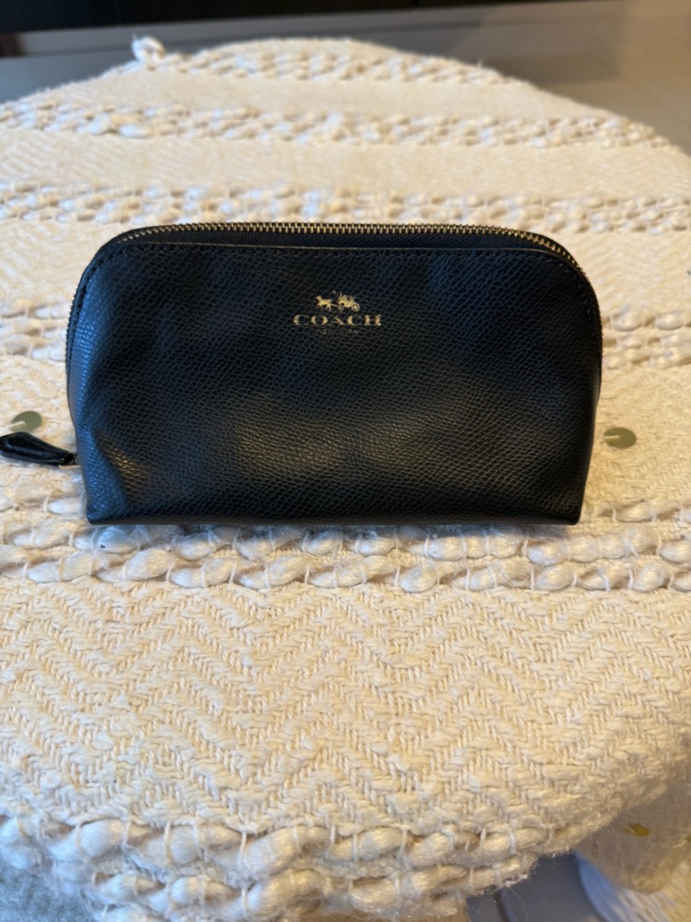 Coach Black Pebbled Leather Zip Pouch with Gold Logo
